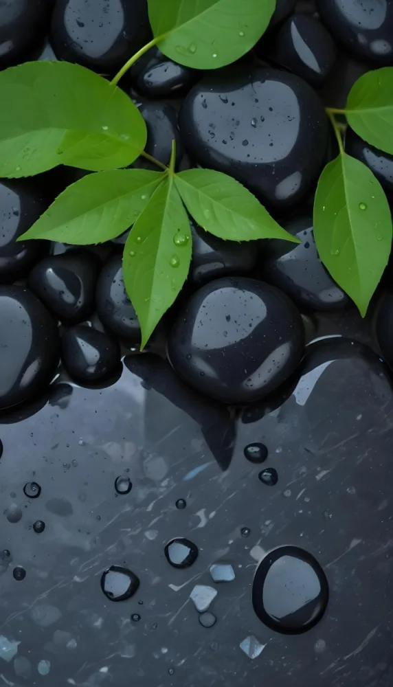 Black Stones With Water Droplets And Green Leaves Scattered On Top Creating A Natural And Fresh Appearance 26 1433