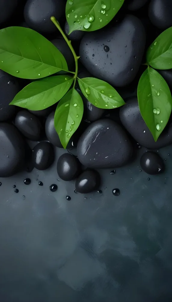 Black Stones With Water Droplets And Green Leaves Scattered On Top Creating A Natural And Fresh Appearance 3 9bac