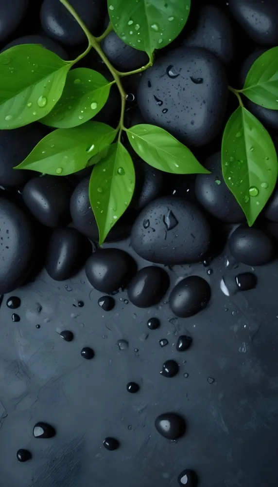 Black Stones With Water Droplets And Green Leaves Scattered On Top Creating A Natural And Fresh Appearance 4 2d27