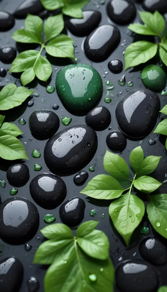 Black Stones With Water Droplets And Green Leaves Scattered On Top Creating A Natural And Fresh Appearance 5 6aa8