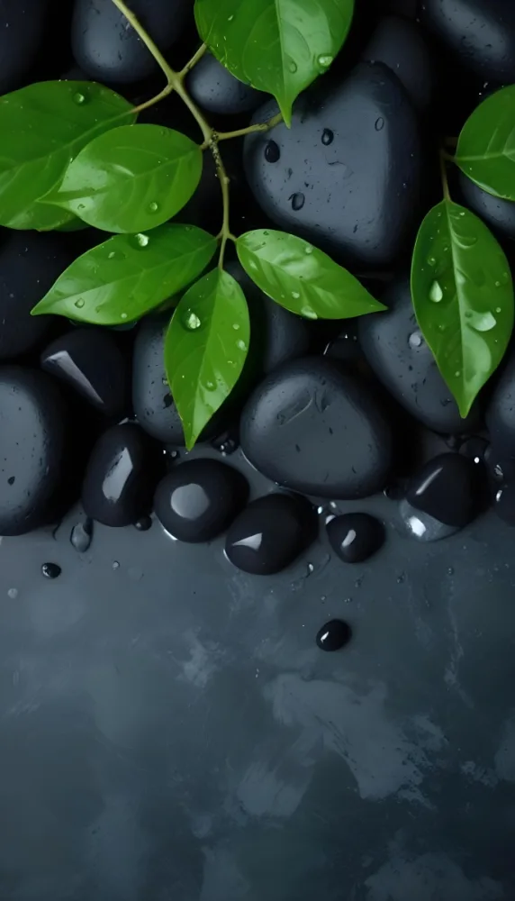Black Stones With Water Droplets And Green Leaves Scattered On Top Creating A Natural And Fresh Appearance 6 72d2