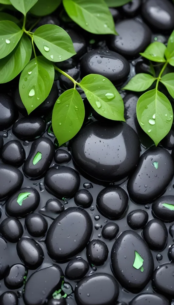 Black Stones With Water Droplets And Green Leaves Scattered On Top Creating A Natural And Fresh Appearance 7 E3c9