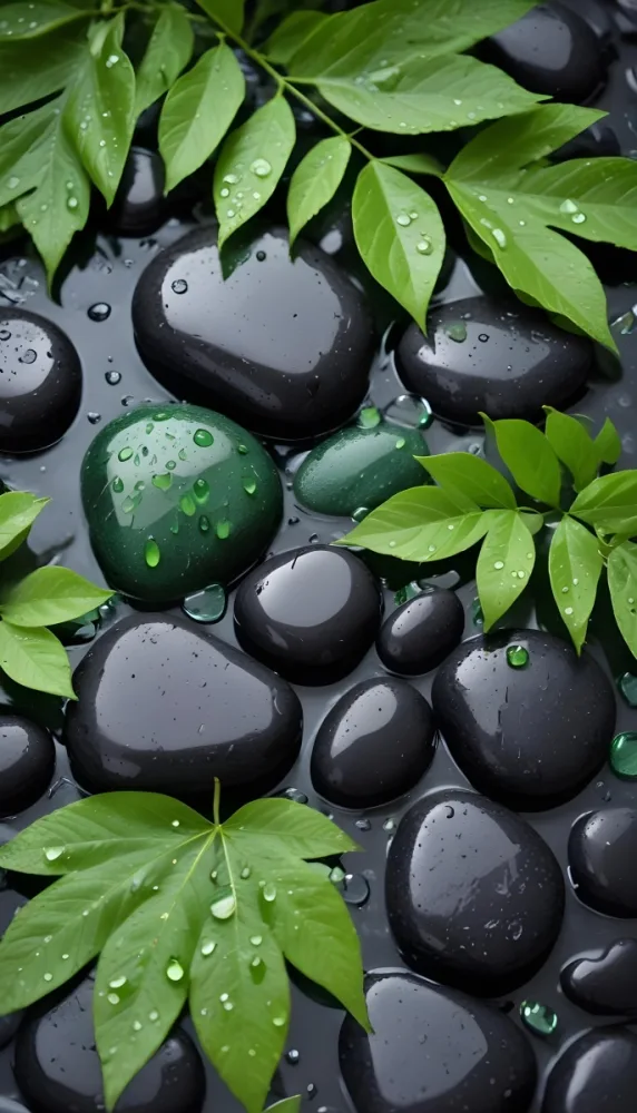 Black Stones With Water Droplets And Green Leaves Scattered On Top Creating A Natural And Fresh Appearance 9 D650