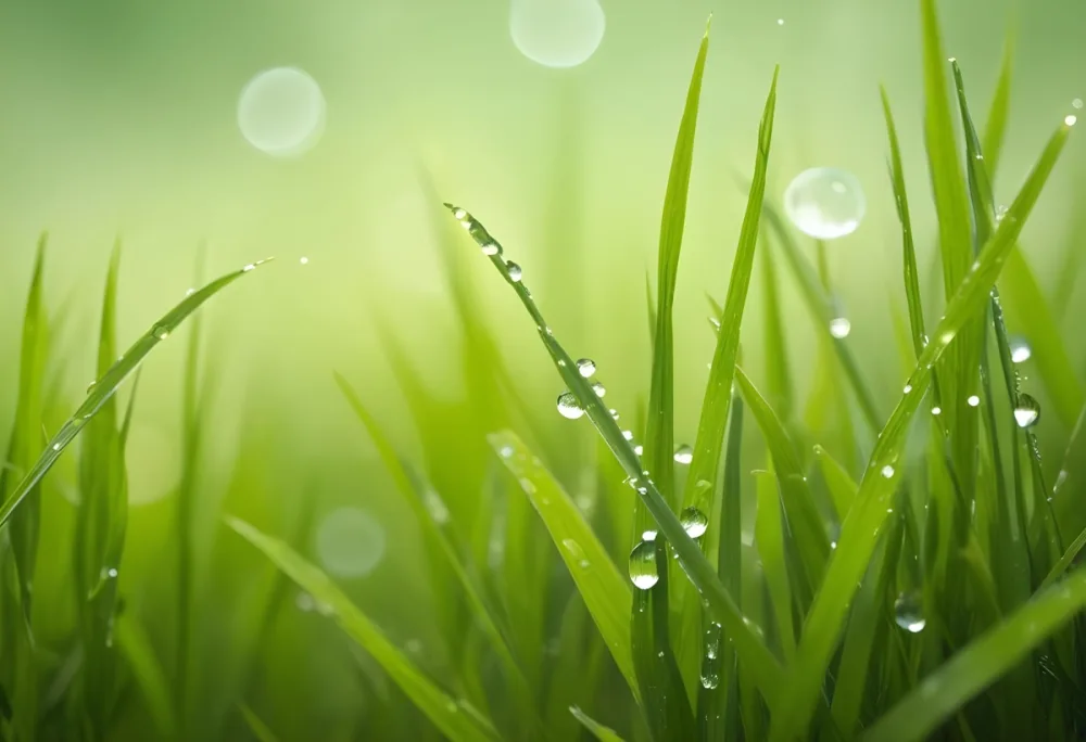 Blades Of Green Grass With Water Droplets Against A Blurred Green Background With Soft Lighting 7 A58f