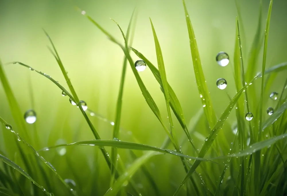 Blades Of Green Grass With Water Droplets Against A Blurred Green Background With Soft Lighting 8 E060