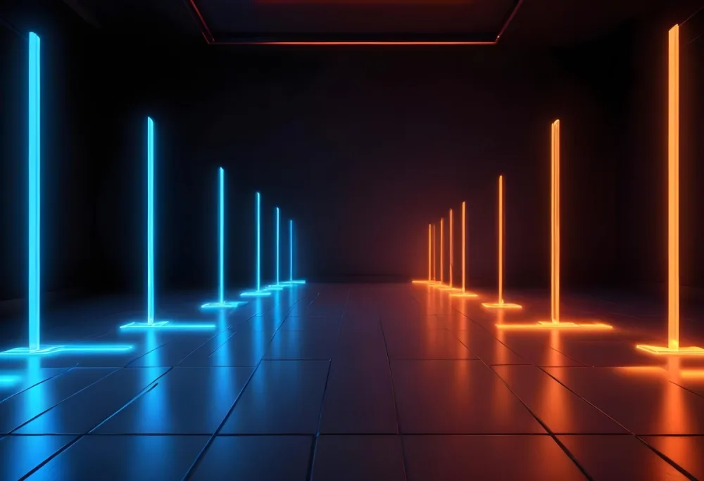 Blue And Orange Neon Light Bars On A Reflective Floor Dark Background 5 Bd92