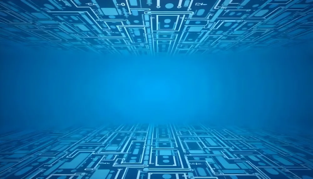 Blue Background With A Circuit Board Pattern The Lines Are White And There Are Small Dots Of Light At The Intersections 40 E50b