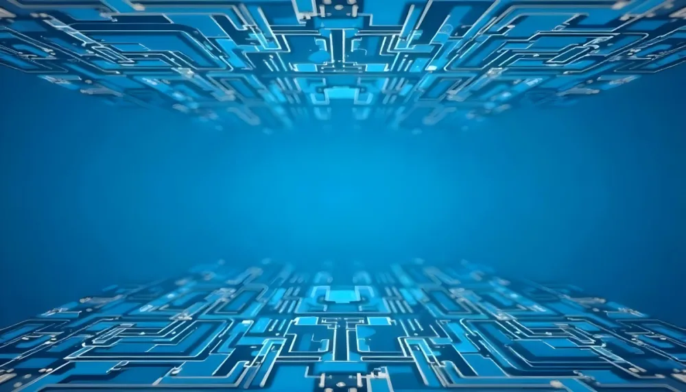 Blue Background With A Circuit Board Pattern The Lines Are White And There Are Small Dots Of Light At The Intersections 6 0dcf