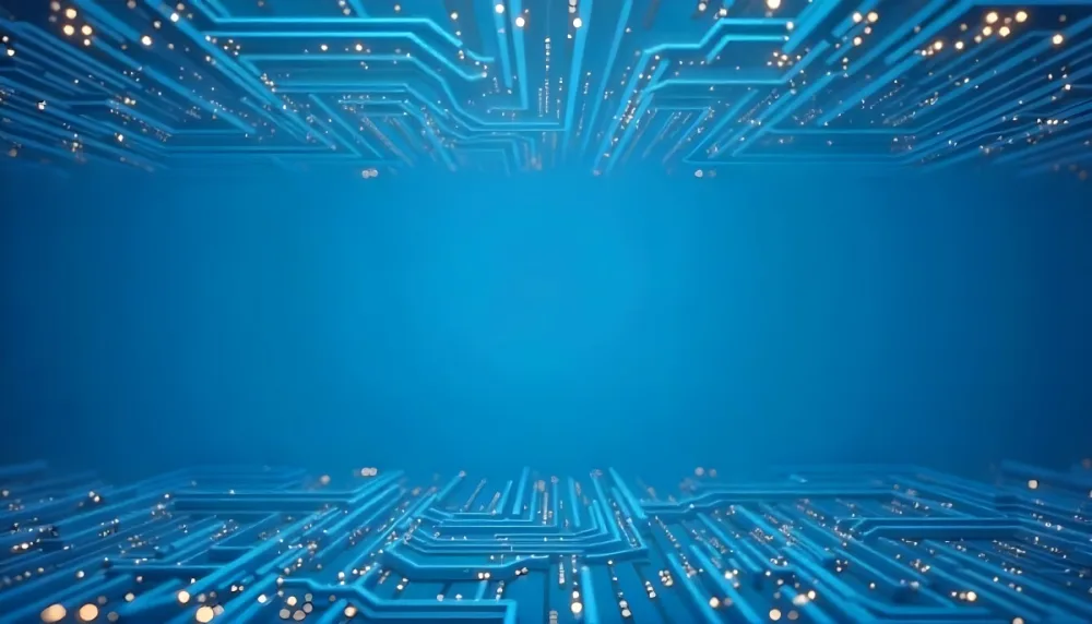 Blue Background With A Circuit Board Pattern The Lines Are White And There Are Small Dots Of Light At The Intersections 7 C0e3