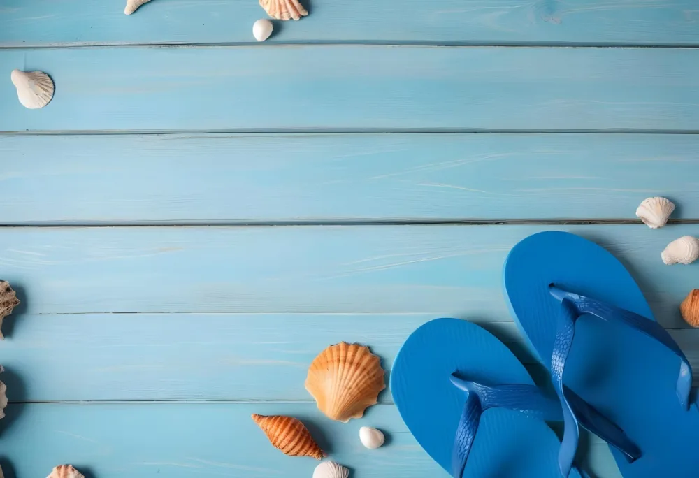 Blue Flip Flops And Seashells On A Blue Wooden Surface Summer Concept Vacation Mood Top View Flat Lay Copy Space 23 1532
