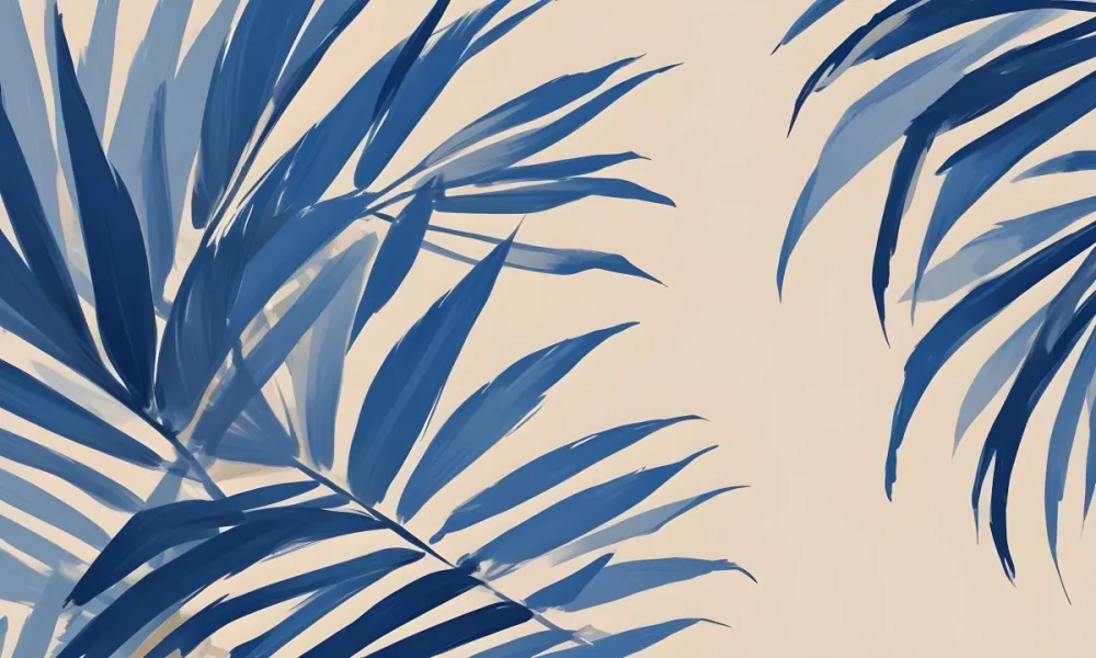 Blue Palm Leaves On The Top And Bottom Corners Of A Beige Background Tropical Summer Vacation Nature Minimalist 19 9493