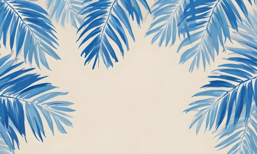 Blue Palm Leaves On The Top And Bottom Corners Of A Beige Background Tropical Summer Vacation Nature Minimalist 24 6e77