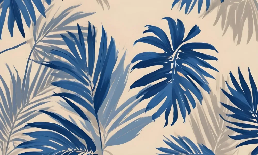Blue Palm Leaves On The Top And Bottom Corners Of A Beige Background Tropical Summer Vacation Nature Minimalist 28 54a2