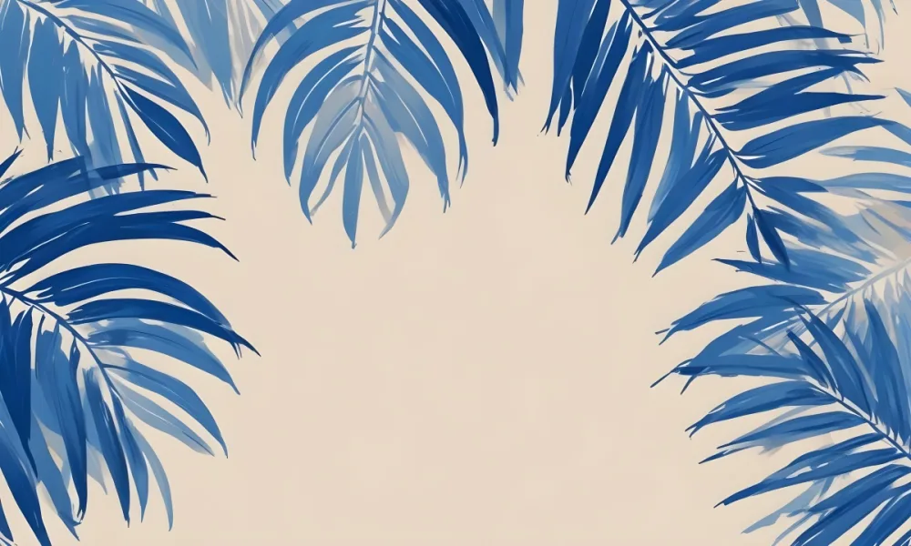 Blue Palm Leaves On The Top And Bottom Corners Of A Beige Background Tropical Summer Vacation Nature Minimalist 34 982e