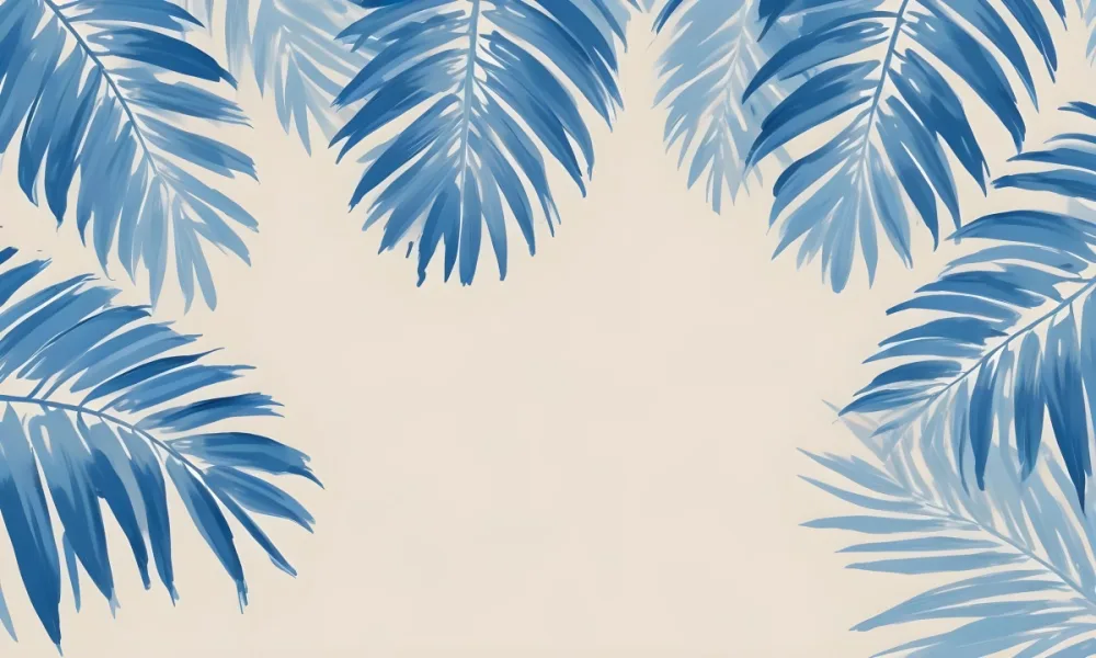 Blue Palm Leaves On The Top And Bottom Corners Of A Beige Background Tropical Summer Vacation Nature Minimalist 36 4eba