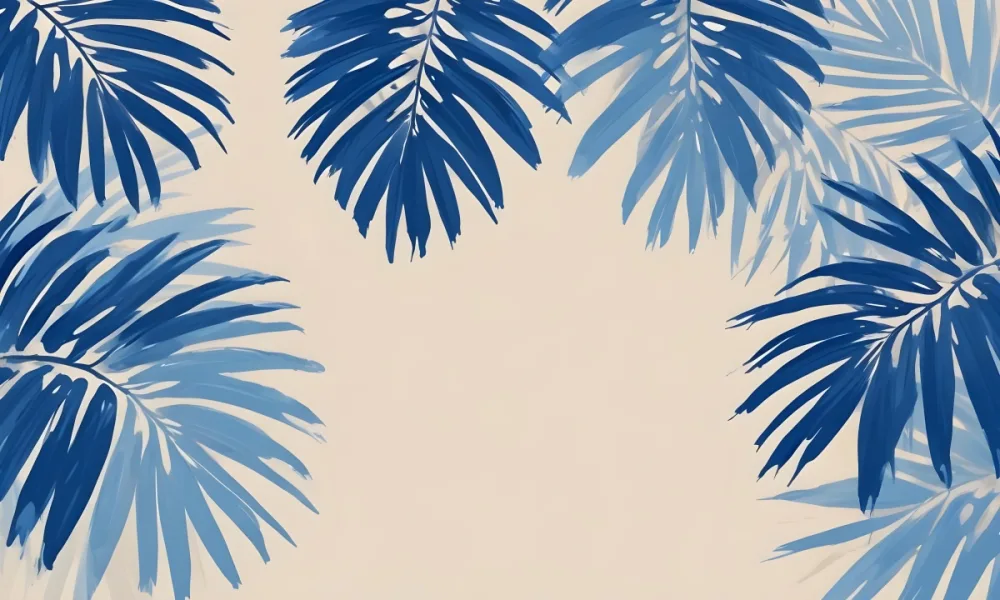 Blue Palm Leaves On The Top And Bottom Corners Of A Beige Background Tropical Summer Vacation Nature Minimalist 37 0135