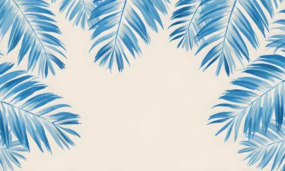 Blue Palm Leaves On The Top And Bottom Corners Of A Beige Background Tropical Summer Vacation Nature Minimalist 38 1c3e