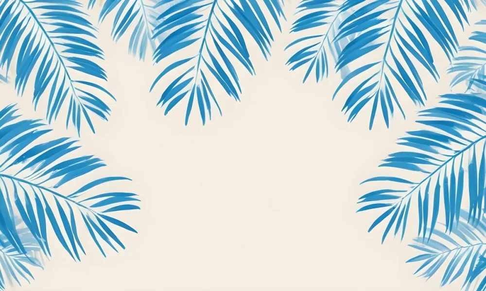 Blue Palm Leaves On The Top And Bottom Corners Of A Beige Background Tropical Summer Vacation Nature Minimalist 7 Bc55