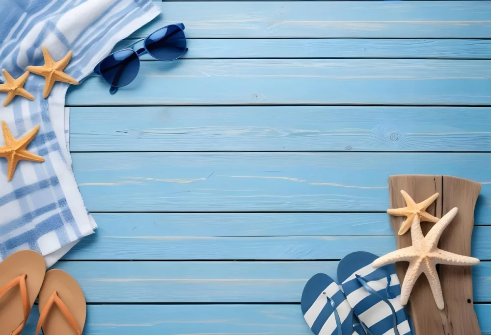 Blue Wooden Planks With A Starfish Flip Flops Sunglasses And A Towel Beach Theme 16 6bc9