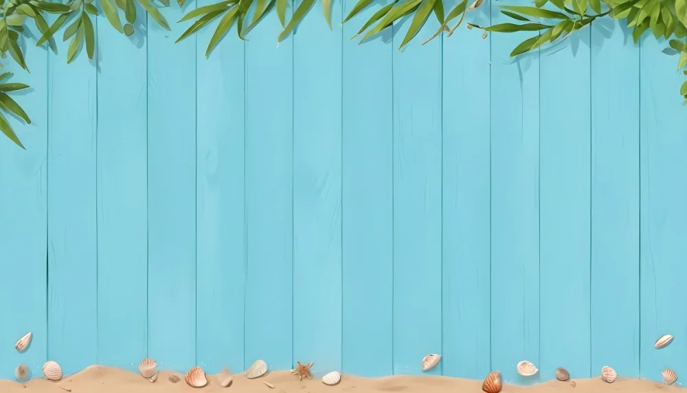 Blue Wooden Planks With Green Leaves On Top Sand And Seashells On The Bottom Summer Background 2 E010