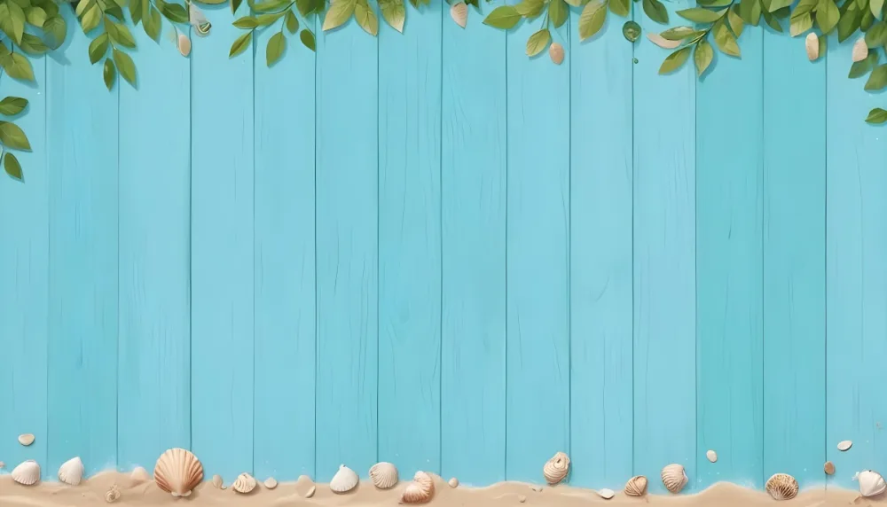 Blue Wooden Planks With Green Leaves On Top Sand And Seashells On The Bottom Summer Background 21 35e7