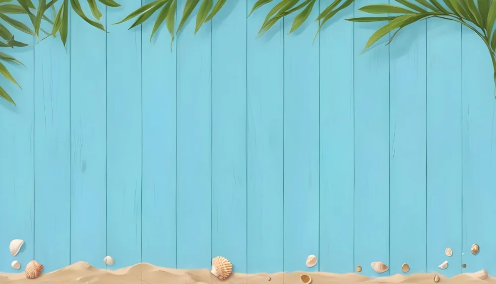 Blue Wooden Planks With Green Leaves On Top Sand And Seashells On The Bottom Summer Background 23 A907