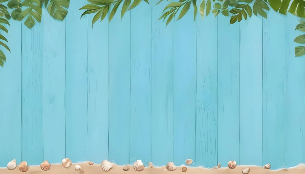 Blue Wooden Planks With Green Leaves On Top Sand And Seashells On The Bottom Summer Background 26 F055