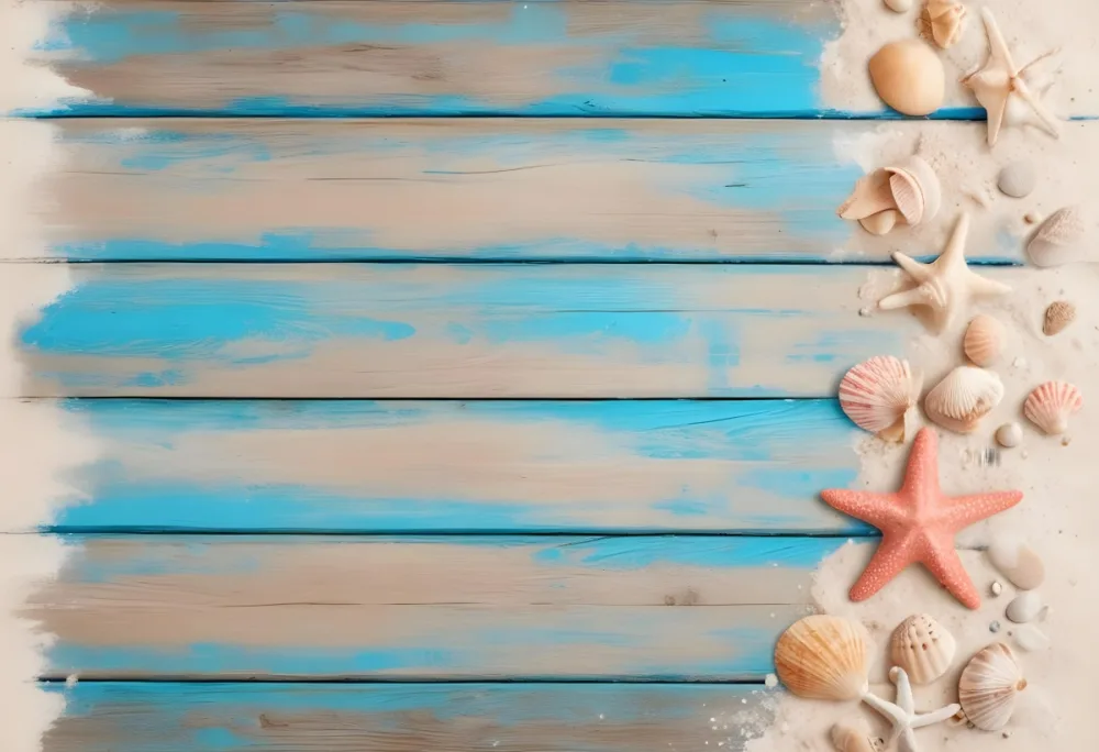 Blue Wooden Planks With Sand Seashells And A Starfish On The Right Side Creating A Beach Themed Background With A Rustic And Coastal Vibe 12 C946