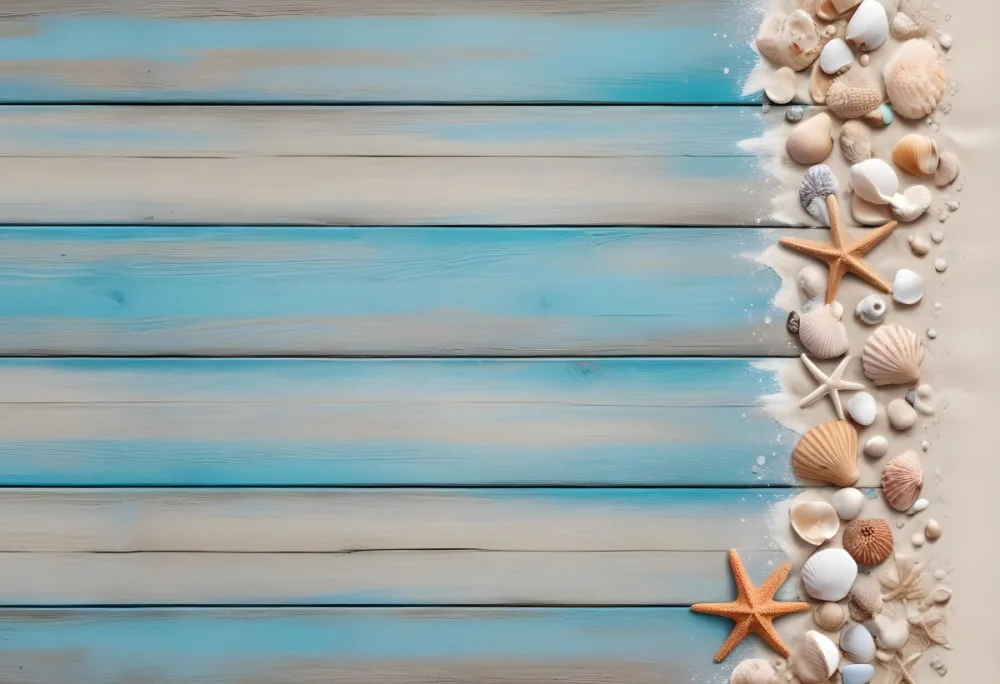 Blue Wooden Planks With Sand Seashells And A Starfish On The Right Side Creating A Beach Themed Background With A Rustic And Coastal Vibe 16 2bb5