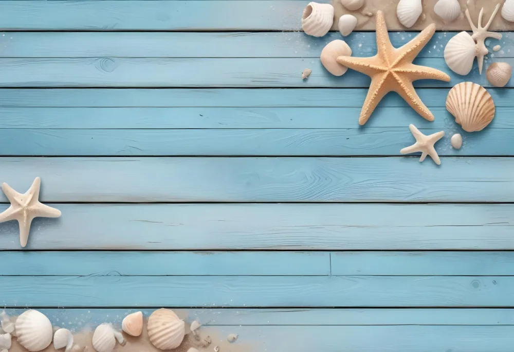 Blue Wooden Planks With Sand Seashells And A Starfish On The Right Side Creating A Beach Themed Background With A Rustic And Coastal Vibe 2 2d55
