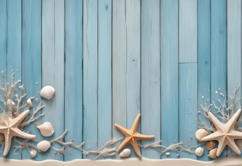 Blue Wooden Planks With Sand Seashells And A Starfish On The Right Side Creating A Beach Themed Background With A Rustic And Coastal Vibe 23 3f9d