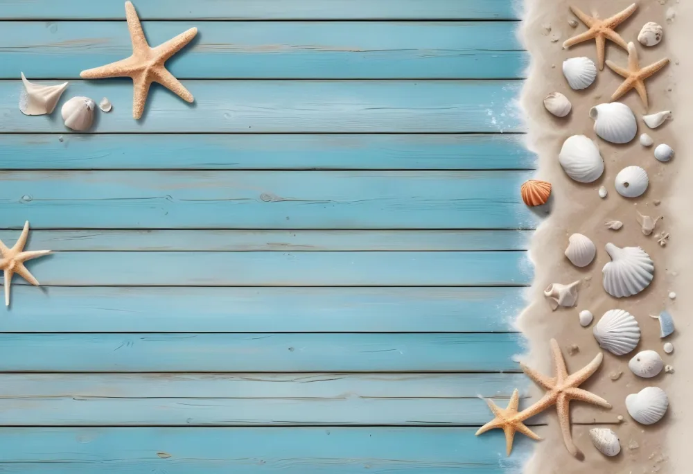 Blue Wooden Planks With Sand Seashells And A Starfish On The Right Side Creating A Beach Themed Background With A Rustic And Coastal Vibe 27 8c57