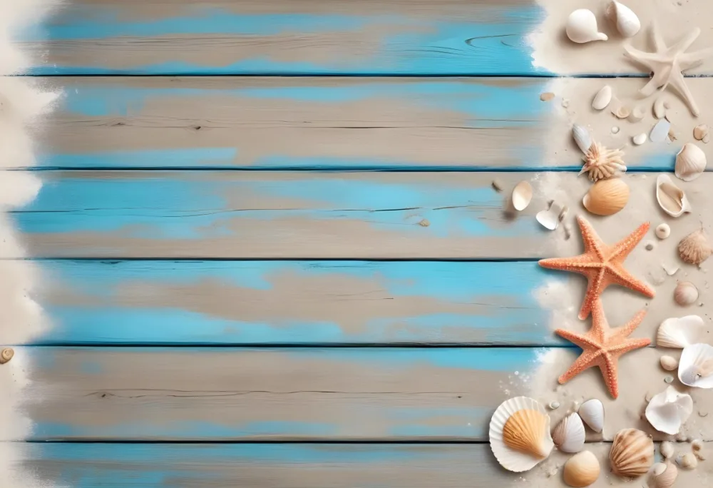 Blue Wooden Planks With Sand Seashells And A Starfish On The Right Side Creating A Beach Themed Background With A Rustic And Coastal Vibe 28 0b88