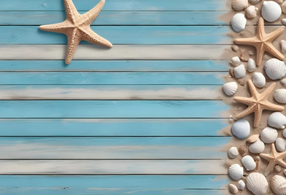 Blue Wooden Planks With Sand Seashells And A Starfish On The Right Side Creating A Beach Themed Background With A Rustic And Coastal Vibe 29 1e1c