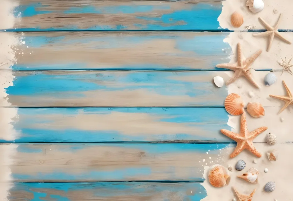 Blue Wooden Planks With Sand Seashells And A Starfish On The Right Side Creating A Beach Themed Background With A Rustic And Coastal Vibe 32 A973