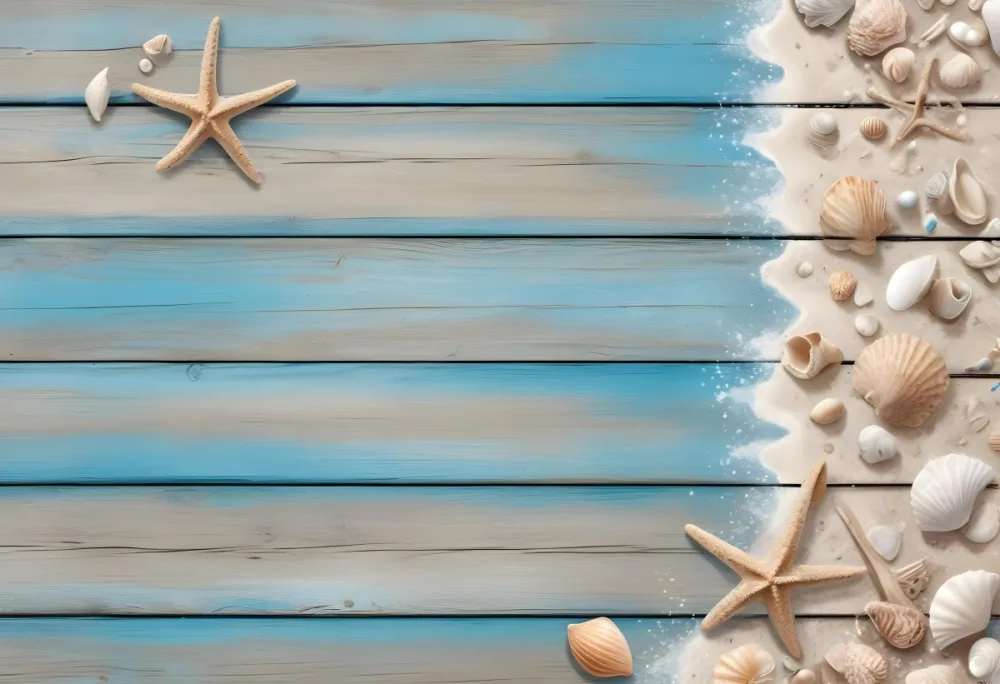 Blue Wooden Planks With Sand Seashells And A Starfish On The Right Side Creating A Beach Themed Background With A Rustic And Coastal Vibe 35 F8bd