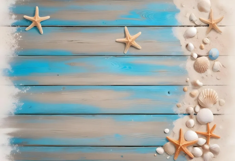 Blue Wooden Planks With Sand Seashells And A Starfish On The Right Side Creating A Beach Themed Background With A Rustic And Coastal Vibe 37 777c