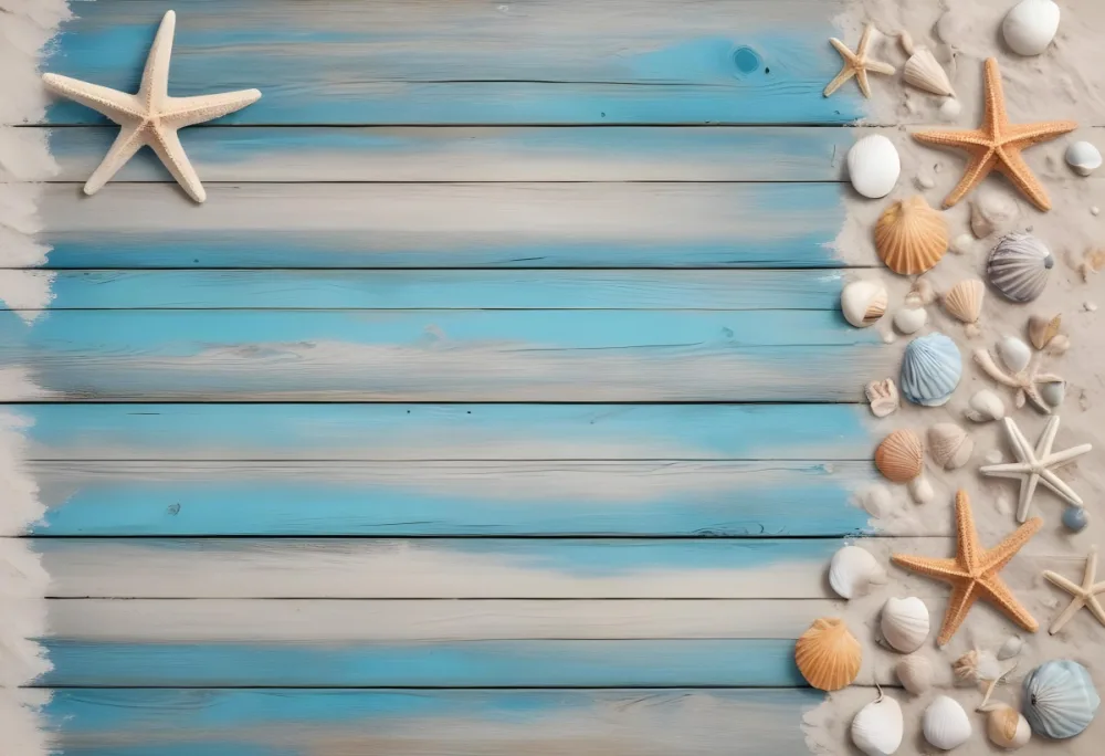 Blue Wooden Planks With Sand Seashells And A Starfish On The Right Side Creating A Beach Themed Background With A Rustic And Coastal Vibe 38 C793