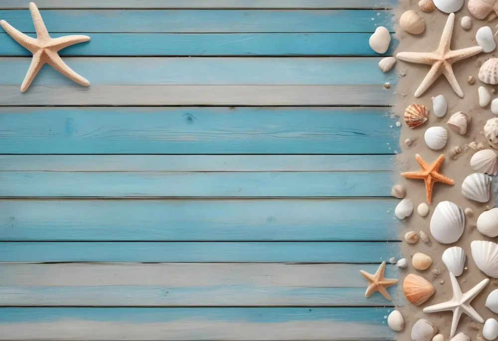 Blue Wooden Planks With Sand Seashells And A Starfish On The Right Side Creating A Beach Themed Background With A Rustic And Coastal Vibe 40 E3ee