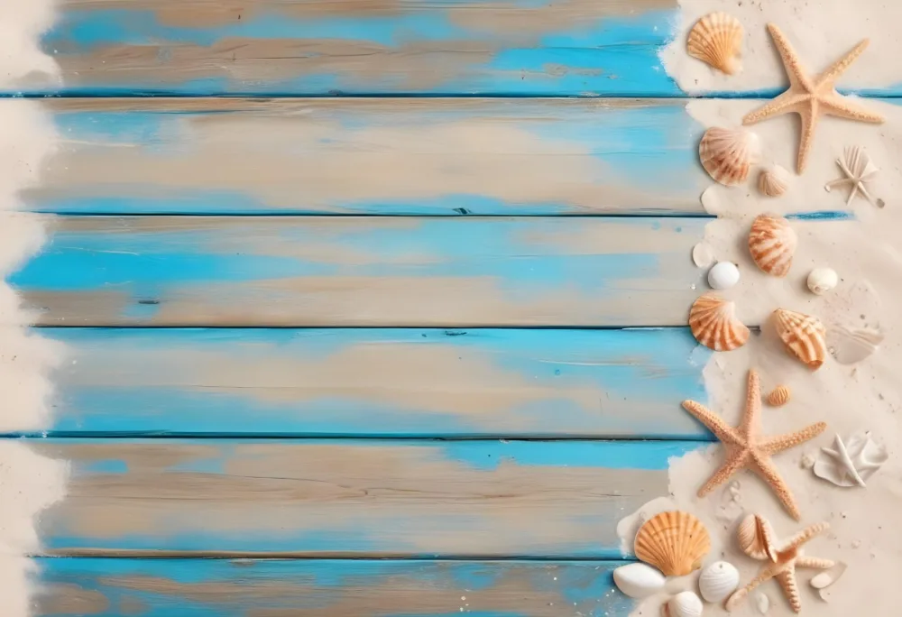 Blue Wooden Planks With Sand Seashells And A Starfish On The Right Side Creating A Beach Themed Background With A Rustic And Coastal Vibe 41 D8ae