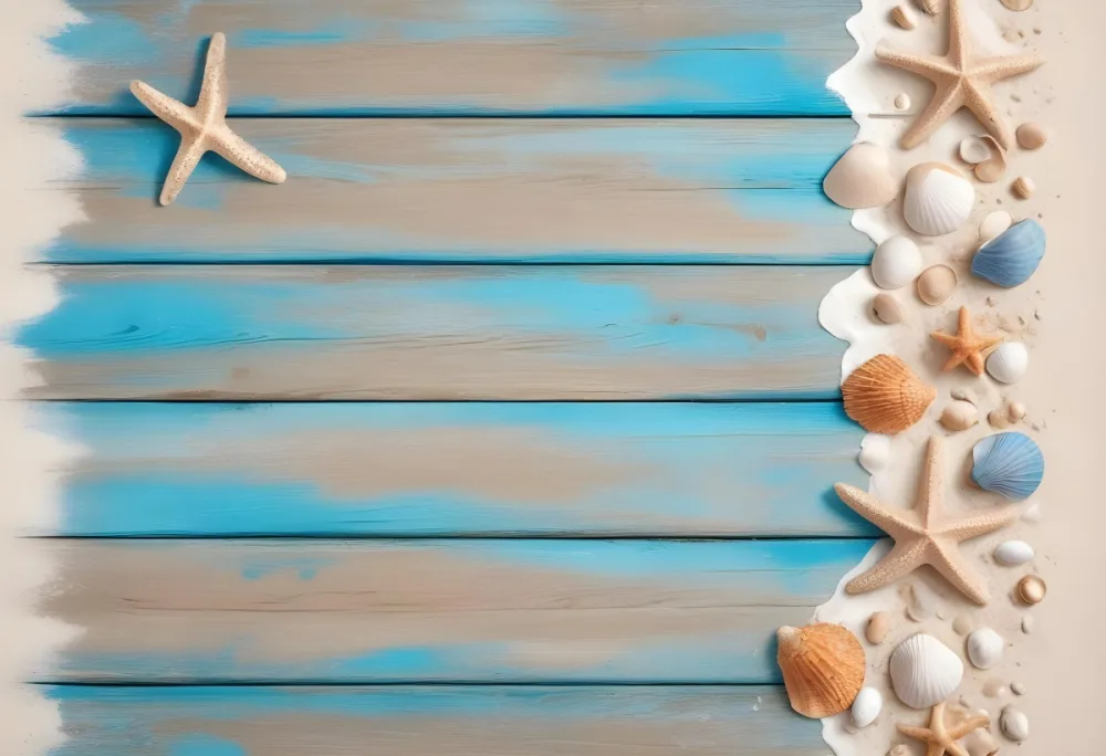 Blue Wooden Planks With Sand Seashells And A Starfish On The Right Side Creating A Beach Themed Background With A Rustic And Coastal Vibe 5 7989