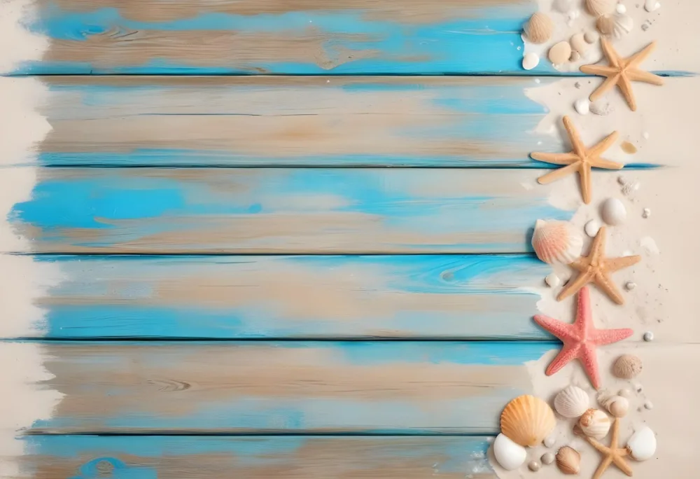 Blue Wooden Planks With Sand Seashells And A Starfish On The Right Side Creating A Beach Themed Background With A Rustic And Coastal Vibe 6 Fb92