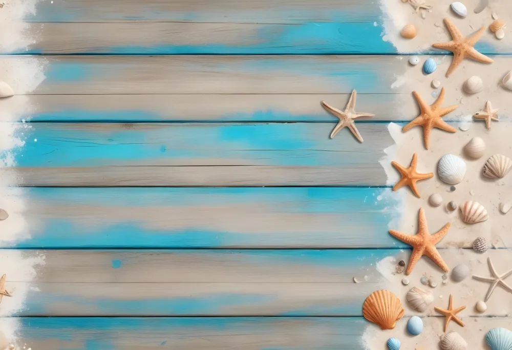 Blue Wooden Planks With Sand Seashells And A Starfish On The Right Side Creating A Beach Themed Background With A Rustic And Coastal Vibe 7 59c5