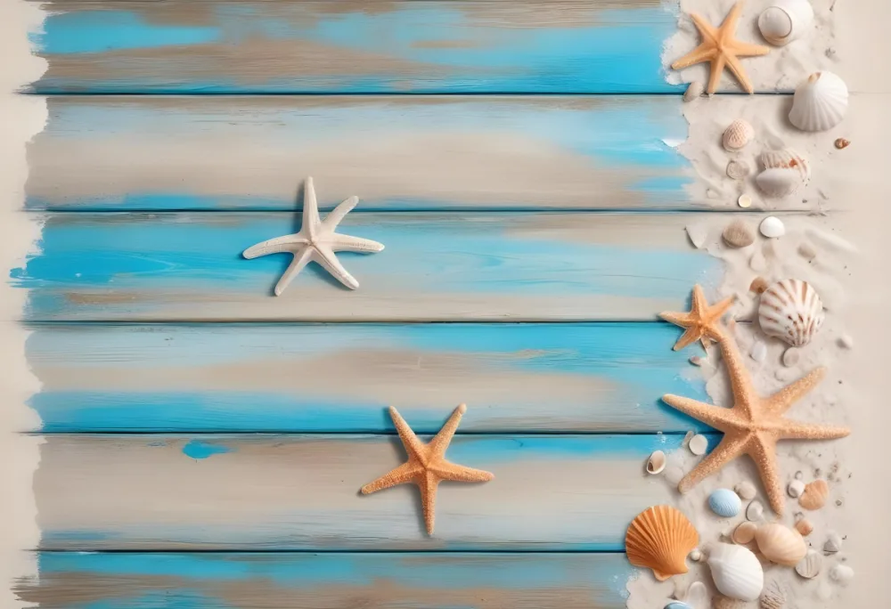 Blue Wooden Planks With Sand Seashells And A Starfish On The Right Side Creating A Beach Themed Background With A Rustic And Coastal Vibe 9 2208