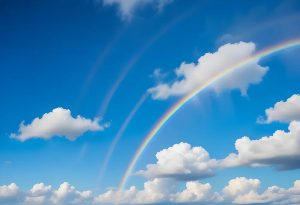 Bright Sun Shining In A Clear Blue Sky With Fluffy White Clouds Surrounded By Dark Storm Clouds And A Vibrant Rainbow 10 9cd8