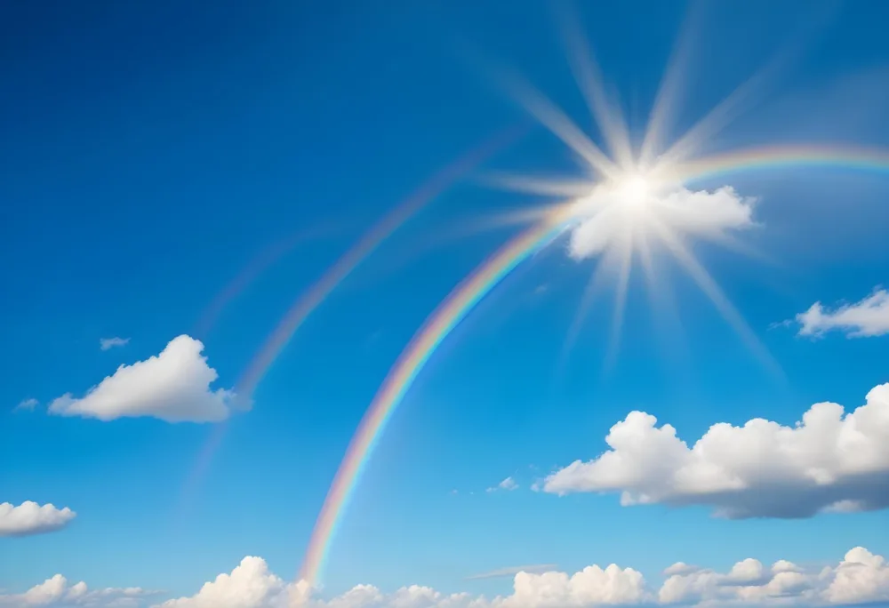 Bright Sun Shining In A Clear Blue Sky With Fluffy White Clouds Surrounded By Dark Storm Clouds And A Vibrant Rainbow 14 48f8
