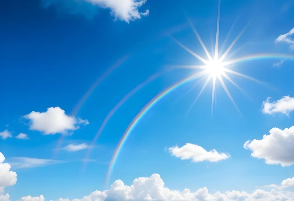 Bright Sun Shining In A Clear Blue Sky With Fluffy White Clouds Surrounded By Dark Storm Clouds And A Vibrant Rainbow 9 D3e6