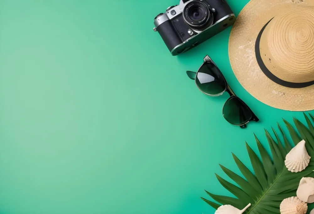 Camera Sunglasses Shells Straw Hat And A Palm Leaf On A Green Background Summer Vacation Concept Travel And Tourism 18 F3dc