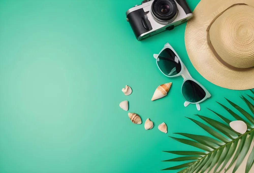 Camera Sunglasses Shells Straw Hat And A Palm Leaf On A Green Background Summer Vacation Concept Travel And Tourism 20 Fed4