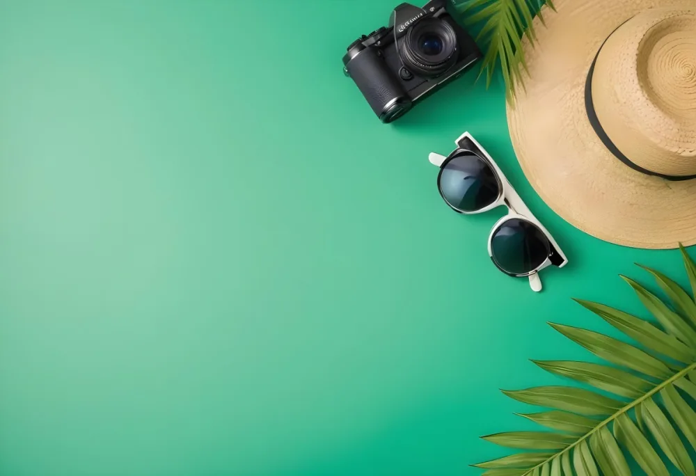 Camera Sunglasses Shells Straw Hat And A Palm Leaf On A Green Background Summer Vacation Concept Travel And Tourism 29 238b